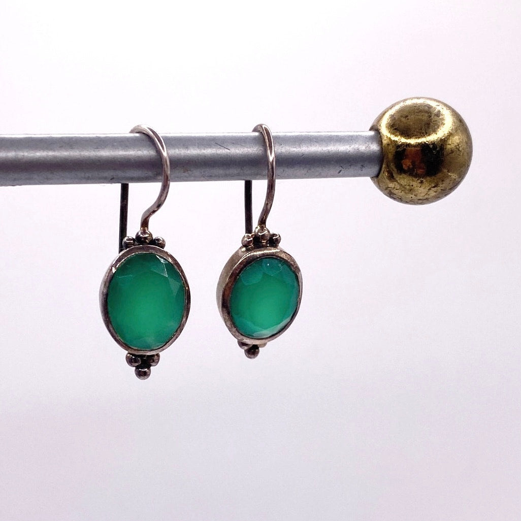 Vintage Sterling Silver And Green Onyx Hook Earrings