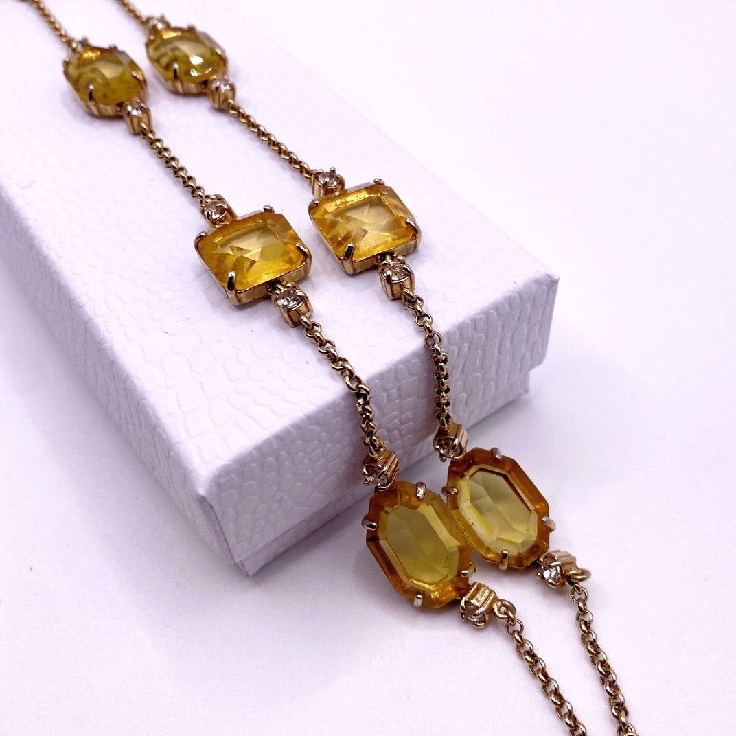 Vntg Ann Taylor Extra Large Necklace with Yellow Square Faceted Glass Stones 30”