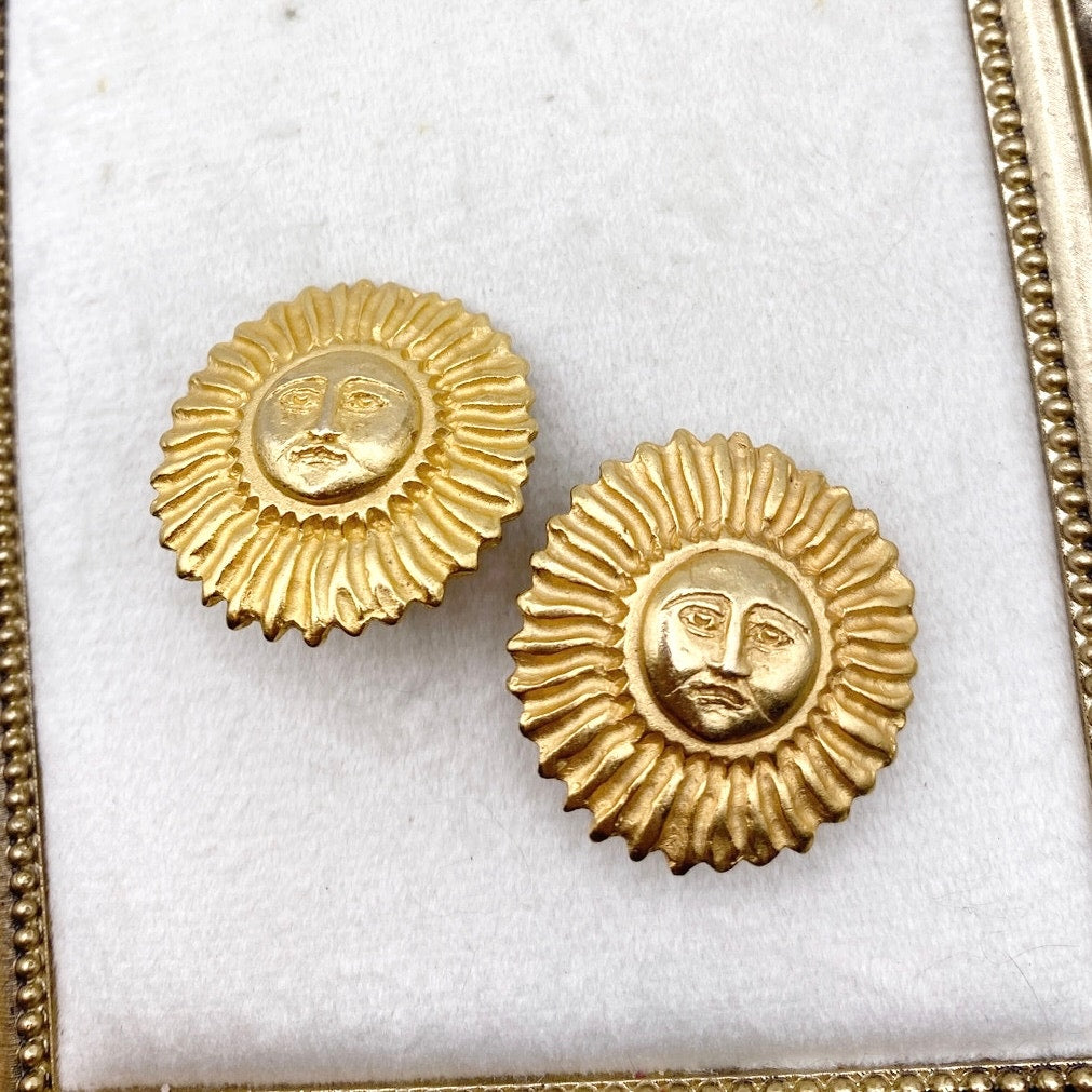 Vintage Clip On Earrings Sun Face 80s Style Gold Brushed Tone