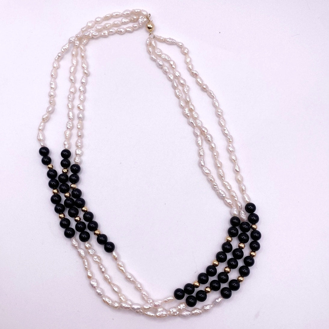 Three Strand 14k Gold Beads and Clasp Rice Mother of Pearl Onyx Necklace 16.5”