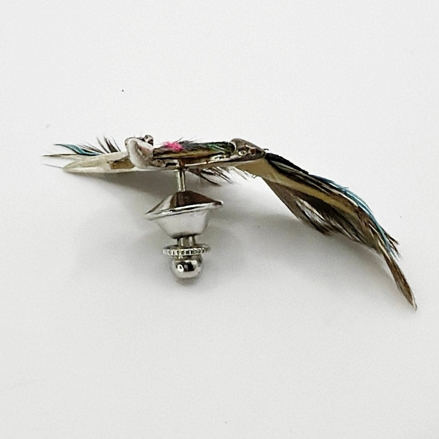 Sterling Silver Hummingbird with Feathers and Ruby Eye Artisan Handmade Pin 2”