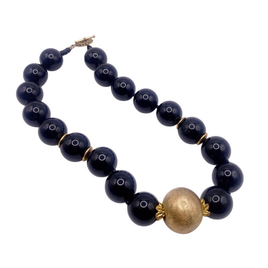 Vintage Black Onyx And Venetian Metal Golden  Spheres Chunky Necklace 14”