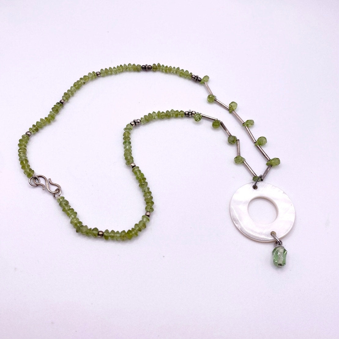 Vintage Sterling Silver and Peridot Beads Necklace 16”