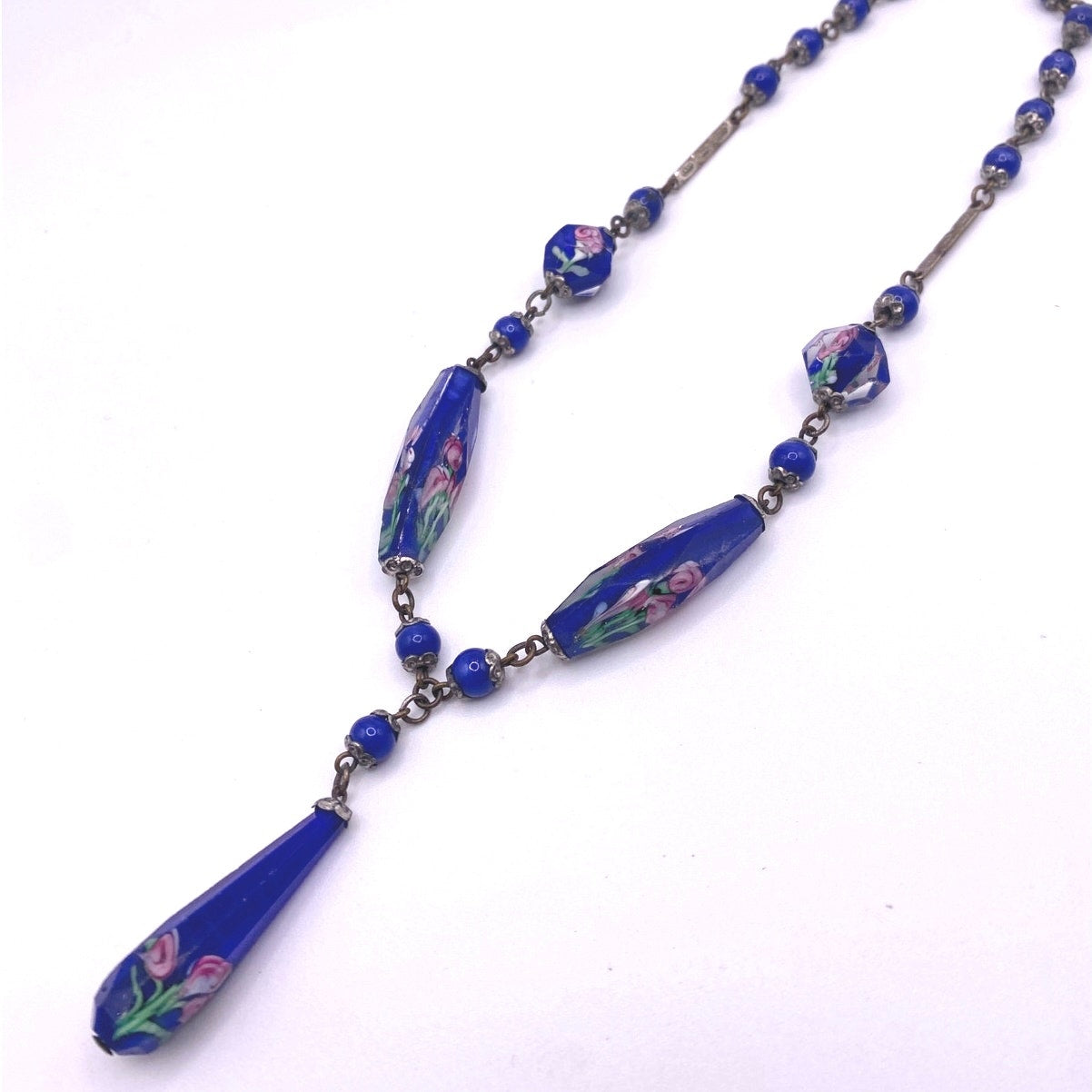 Antique Cobalt Blue Czech Glass Beads Necklace Art Deco 14 inches long Neckline