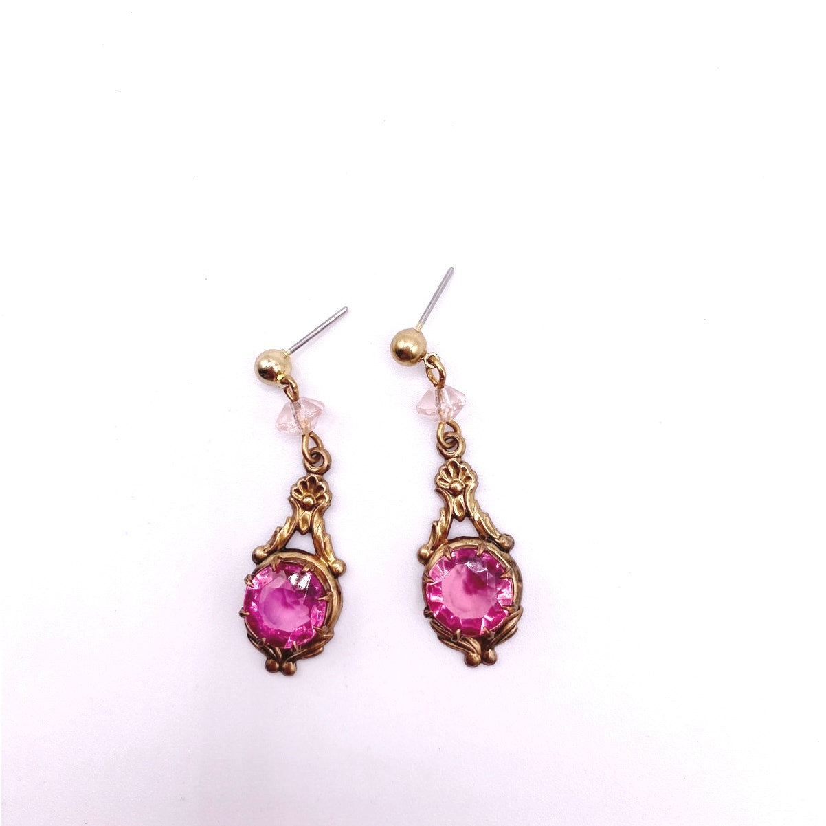 Vintage Brass Filigree Dangling Earrings Lustrous Pink Rhinestones
