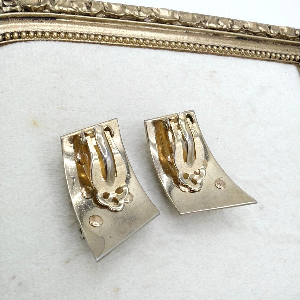 Gold Tone Geometric Vintage Clip On Earrings With Rhinestones 1.3”