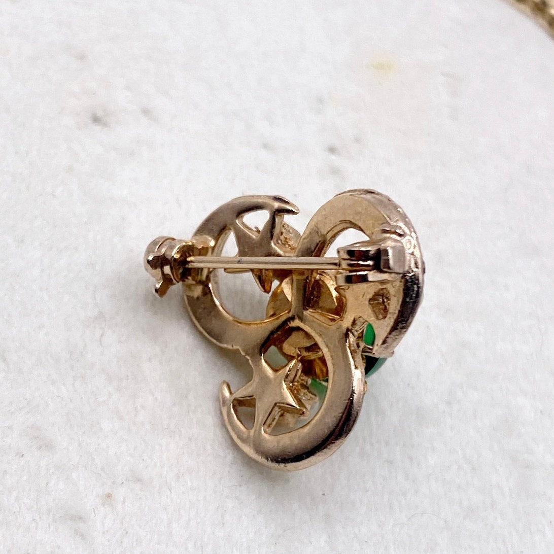 Vintage Green Glass Cabochon Pin Gold Tone and Rhinestones 2cm Long