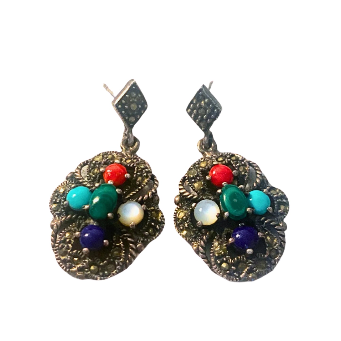 Silver Marcasite Multi Gemstones Studs Dangling Earrings