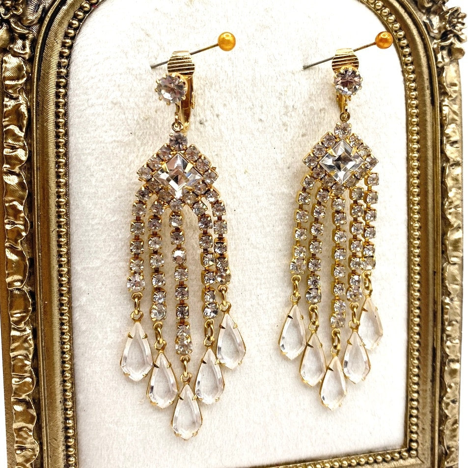 Vintage Glass and Rhinestones Chandelier Clip On Earrings 3"
