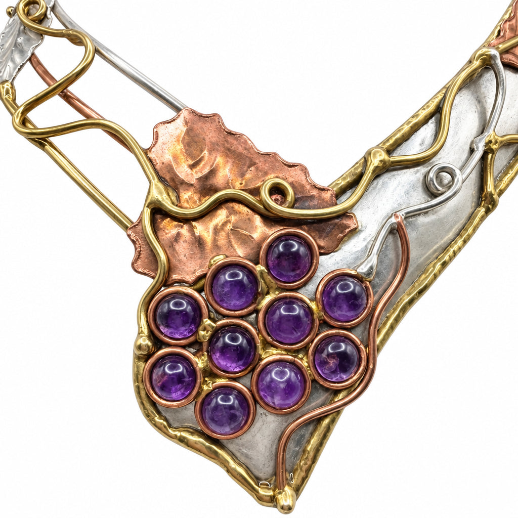Mixed Metal Necklace Sterling Silver Copper and Brass Leaves Amethyst Grapes
