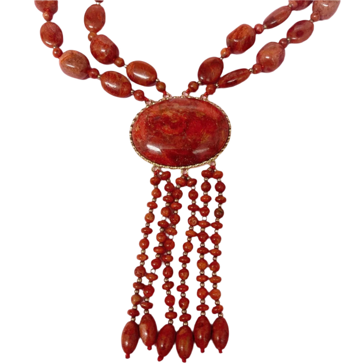 Vtg Art Deco Red Sponge Coral Tassel Necklace