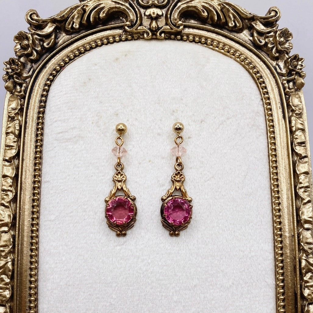 Vintage Brass Filigree Dangling Earrings Lustrous Pink Rhinestones