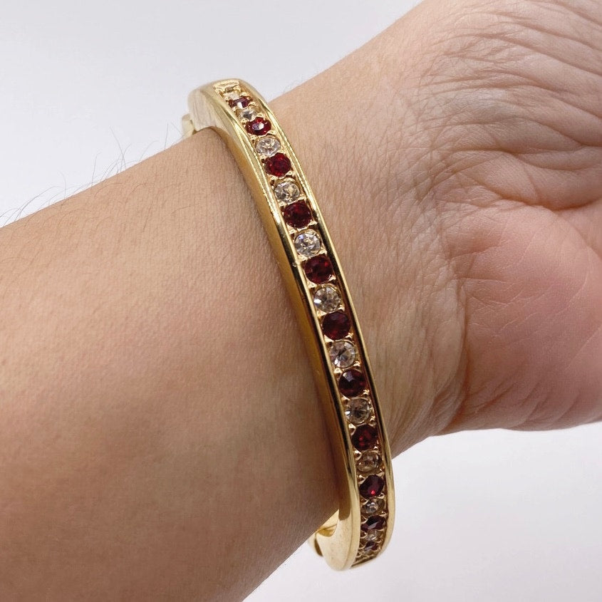 Roman Vintage Bangle Bracelet Gold Tone with Ruby and White Glass Rhinestones 7”