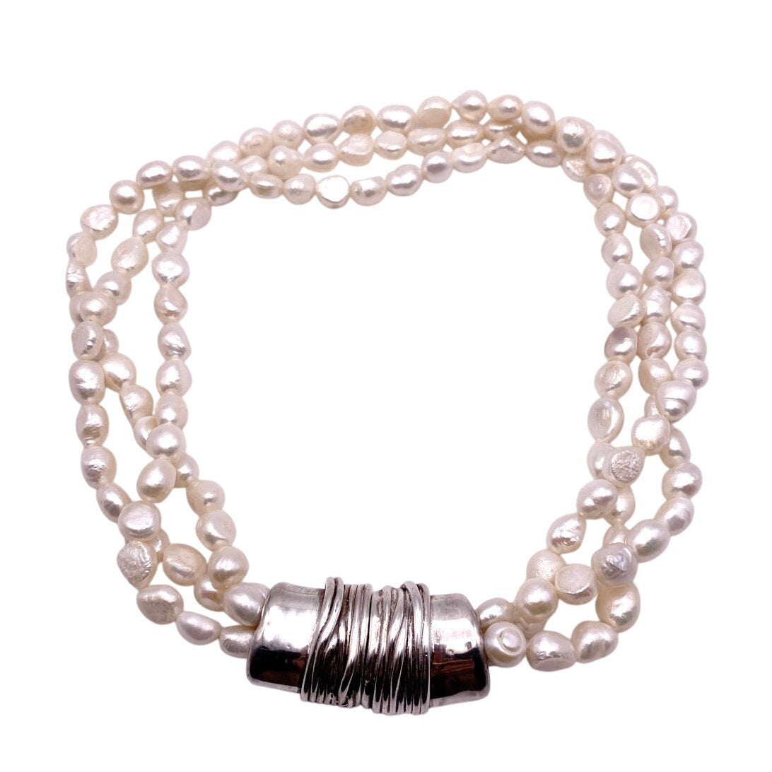 Sterling Silver and Three Strands Fresh Water Pearls Necklace 16” Made In Israel