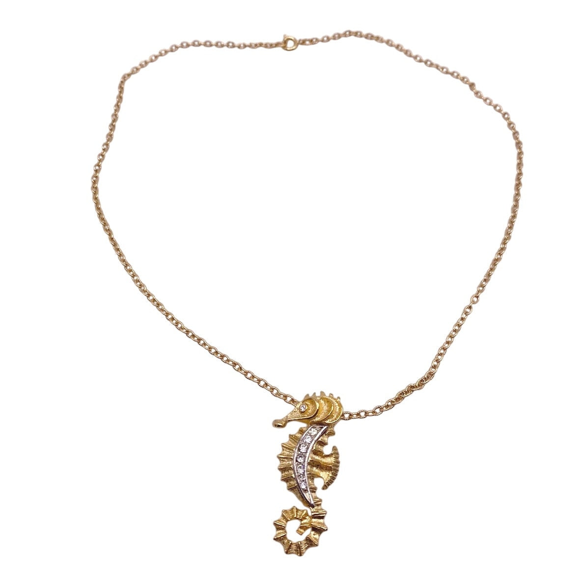 J.Jay Signed Vintage Necklace with Sea Horse Pendant Gold Tone and Rhinestones