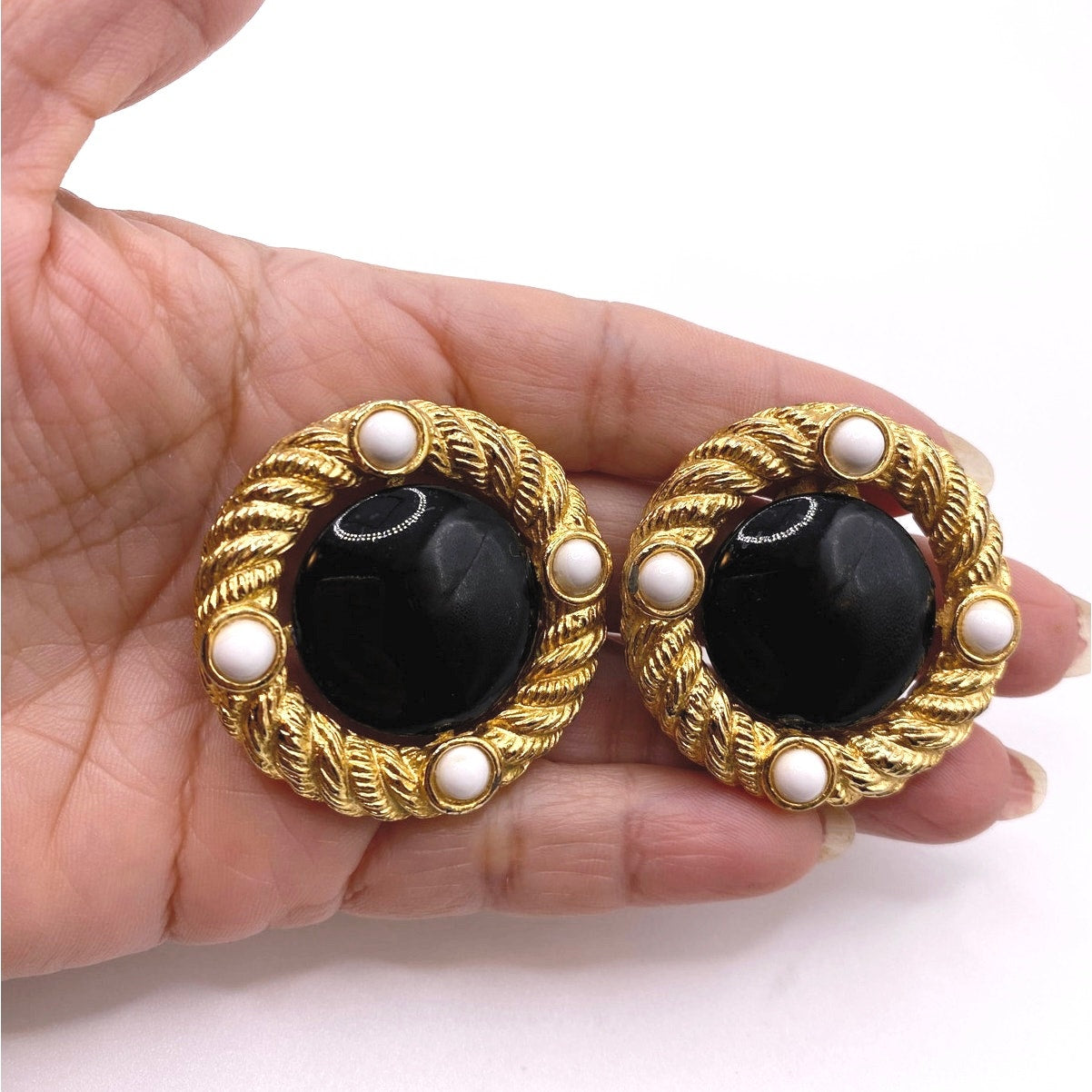 Vintage Earrings With Black Lucite Stone Retro Clip On