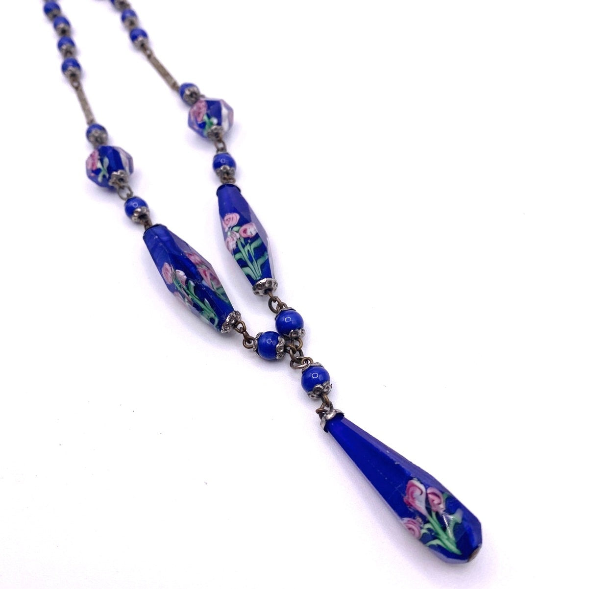 Antique Cobalt Blue Czech Glass Beads Necklace Art Deco 14 inches long Neckline