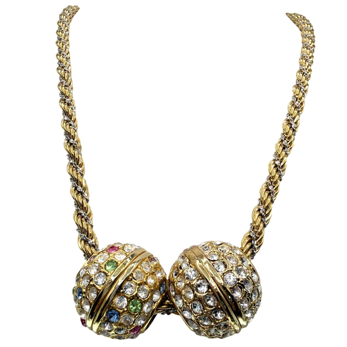 Monet Two Tone Rope Necklace With Chunky Round Rhinestones Charms 22”