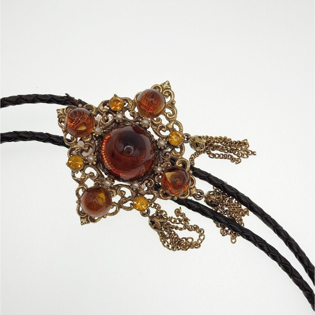 Vintage Bolo Tie Necklace Brown Molded Glass cabochon