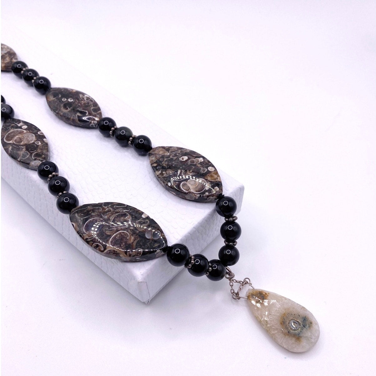 Turritella Fossil and Lace Onyx Beaded Necklace with Solar Quartz Pendant