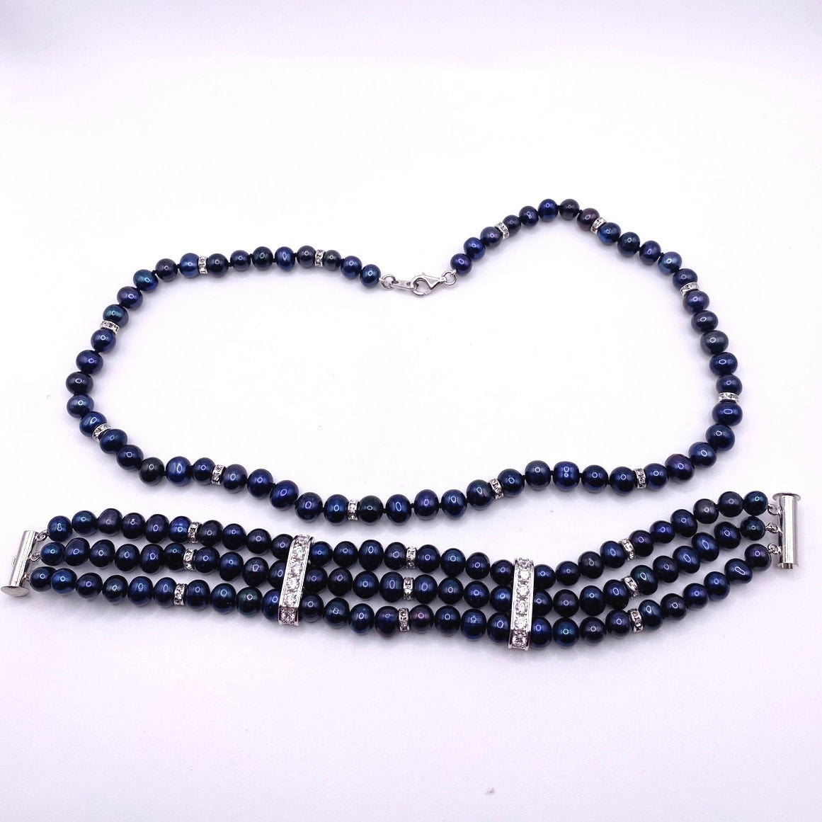 Danbury Mint Midnight Spell Cultured Pearls 925 Silver Set Bracelet and Necklace
