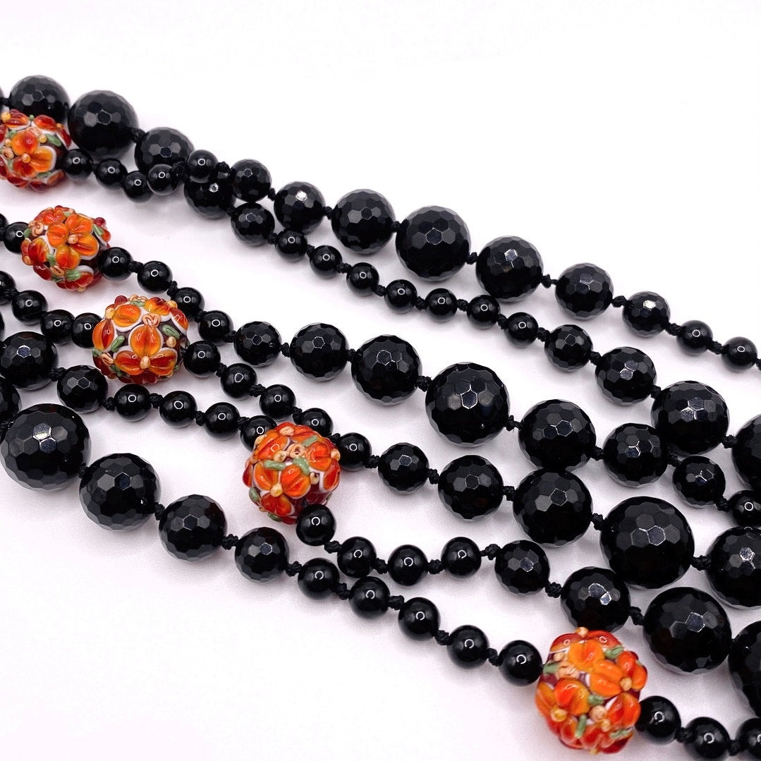 Black Opera Necklace Extra Long 66” Knotted Onyx and Murano Glass Millefiori Orange Beads