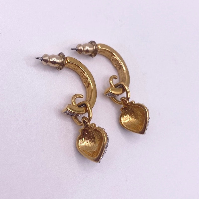 Gold Plated Two Tone Pave Rhinestones Heart Drop Half Hoop Studs