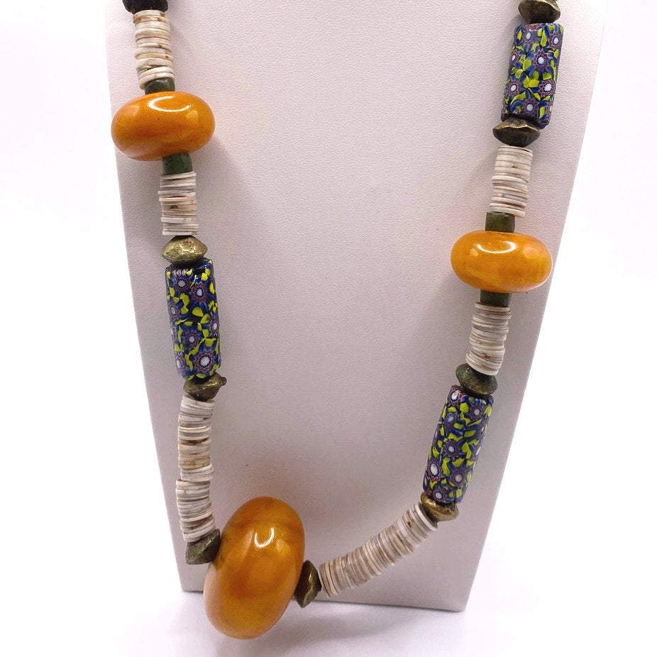 Vtg Necklace Butterscotch Amber Beads and Italian Milllefiori Beads 40” long