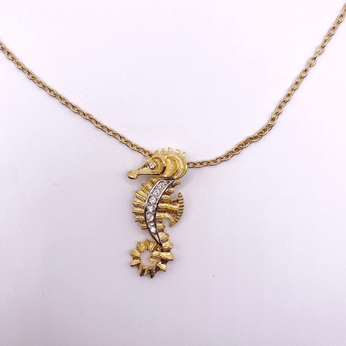 J.Jay Signed Vintage Necklace with Sea Horse Pendant Gold Tone and Rhinestones