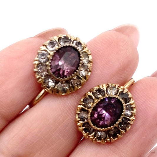 Vntg Gold Filled Screw Back Earrings Edwardian Revival With Purple Rhinestones