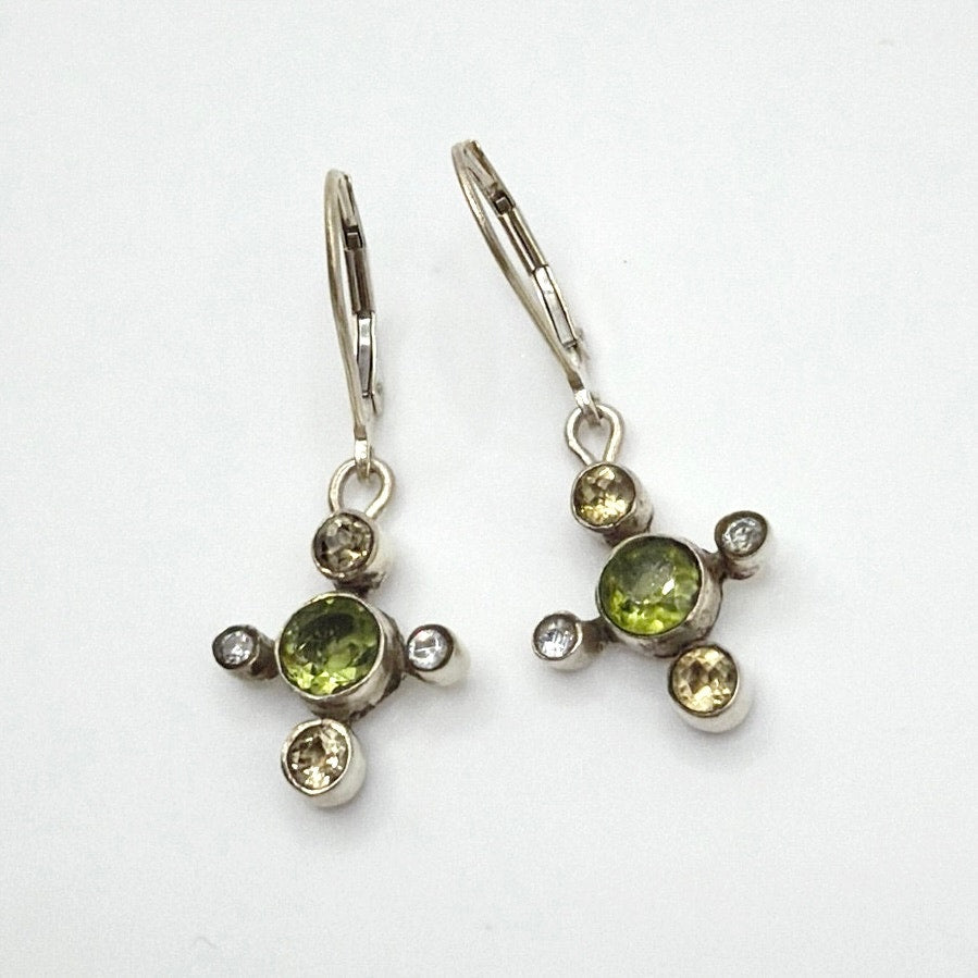 Sterling Silver Dainty Earrings Drop Cross With Peridot and Quartz Gemstone
