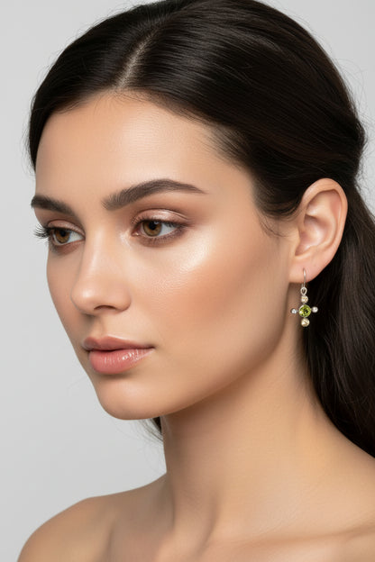 Sterling Silver Dainty Earrings Drop Cross With Peridot and Quartz Gemstone