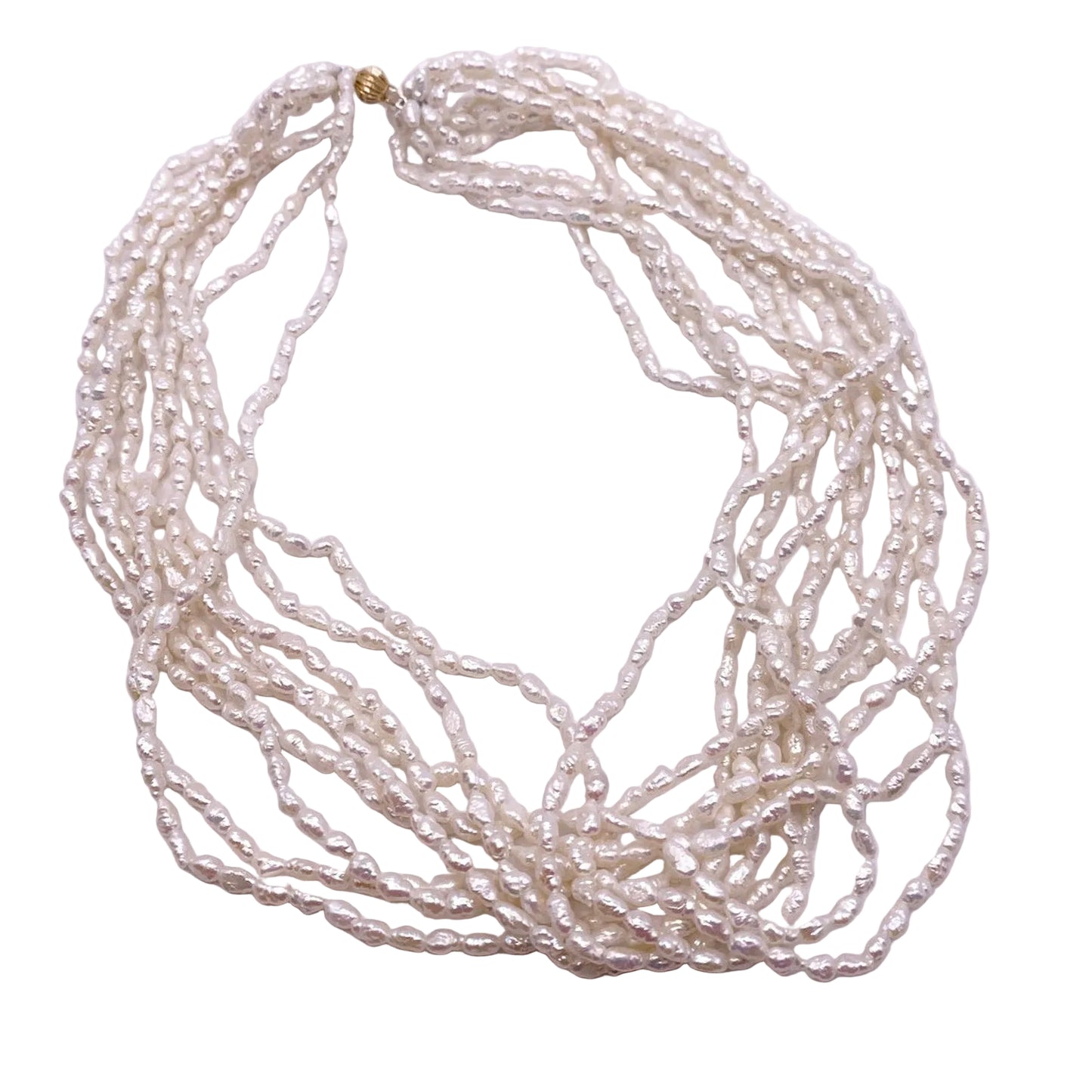 PJS Signed and 14K Closure Vintage Rice Mother of Pearl Multilayered Necklace 16”