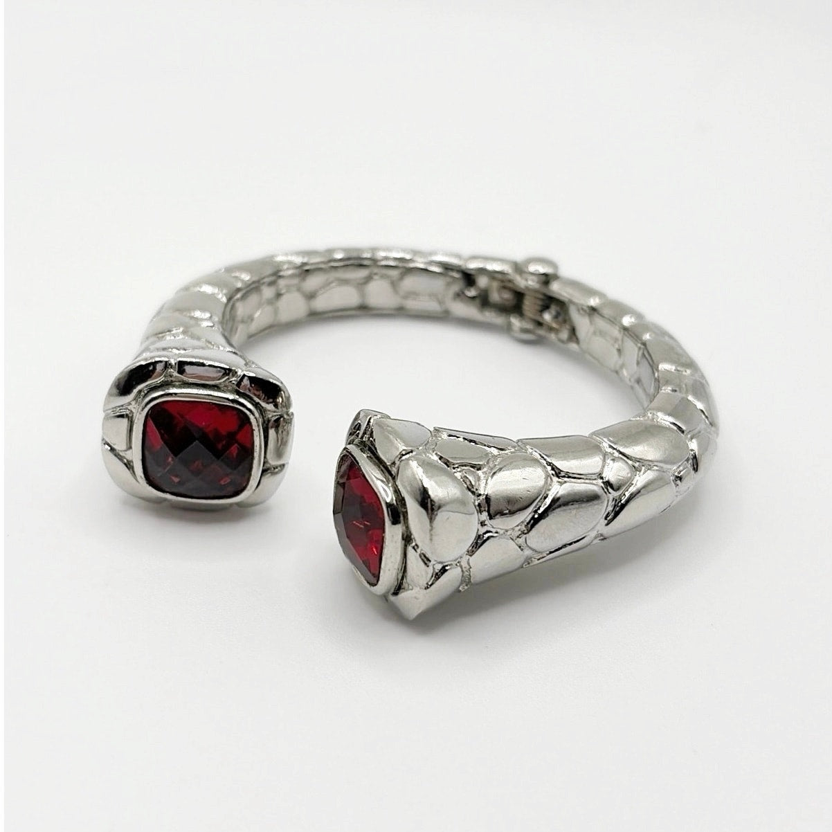 Vintage Silver Tone and Red Glass Rhinestones Open Cuff Bracelet Size 7