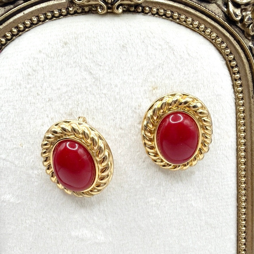 Monet Vintage Clip On Earrings Red Lucite and Gold Tone