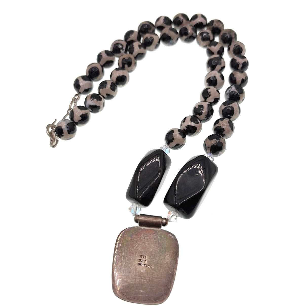 ATI Sterling Silver Mexico Onyx and Tibetan Agate Dzi Beads Necklace 20”