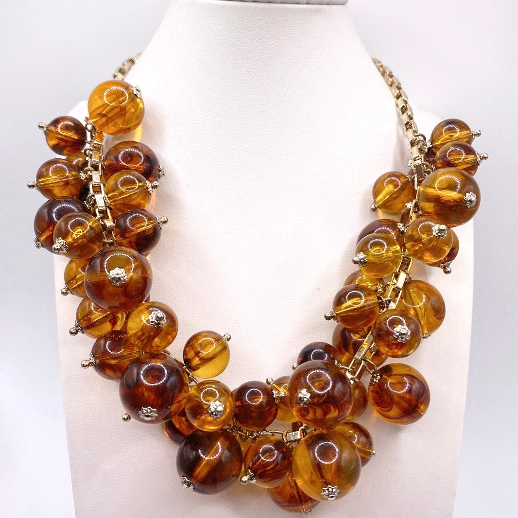 Ann Taylor Vintage Amber Lucite Beads Cha Cha Necklace 17”