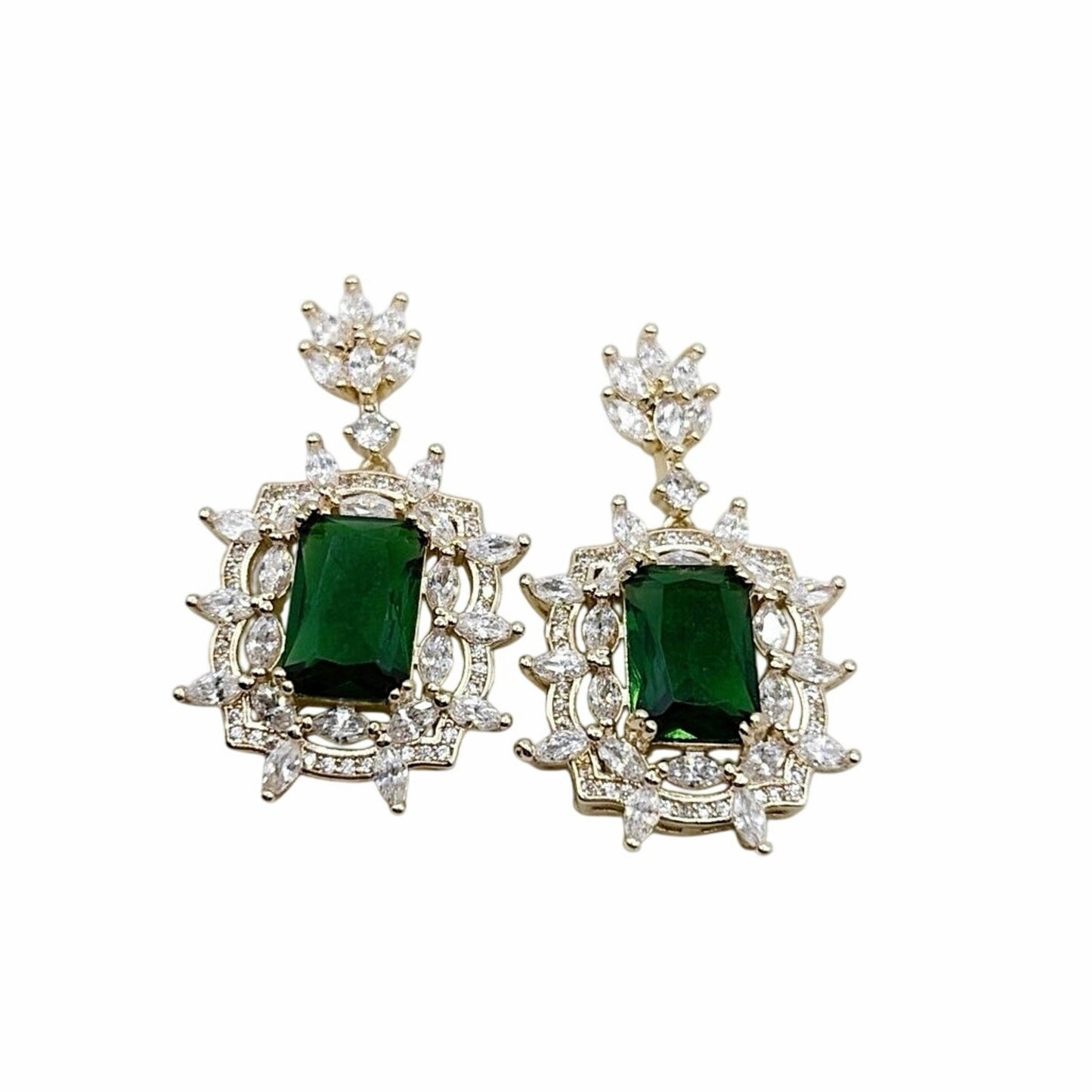 Gold Plated Cubic Zirconia Green Emerald Stone Dangling Earrings 1” Long