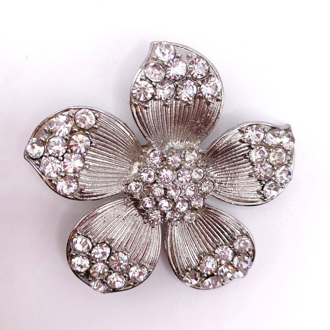 Vintage Silver Tone Brooch Flower With Rhinestones 2”