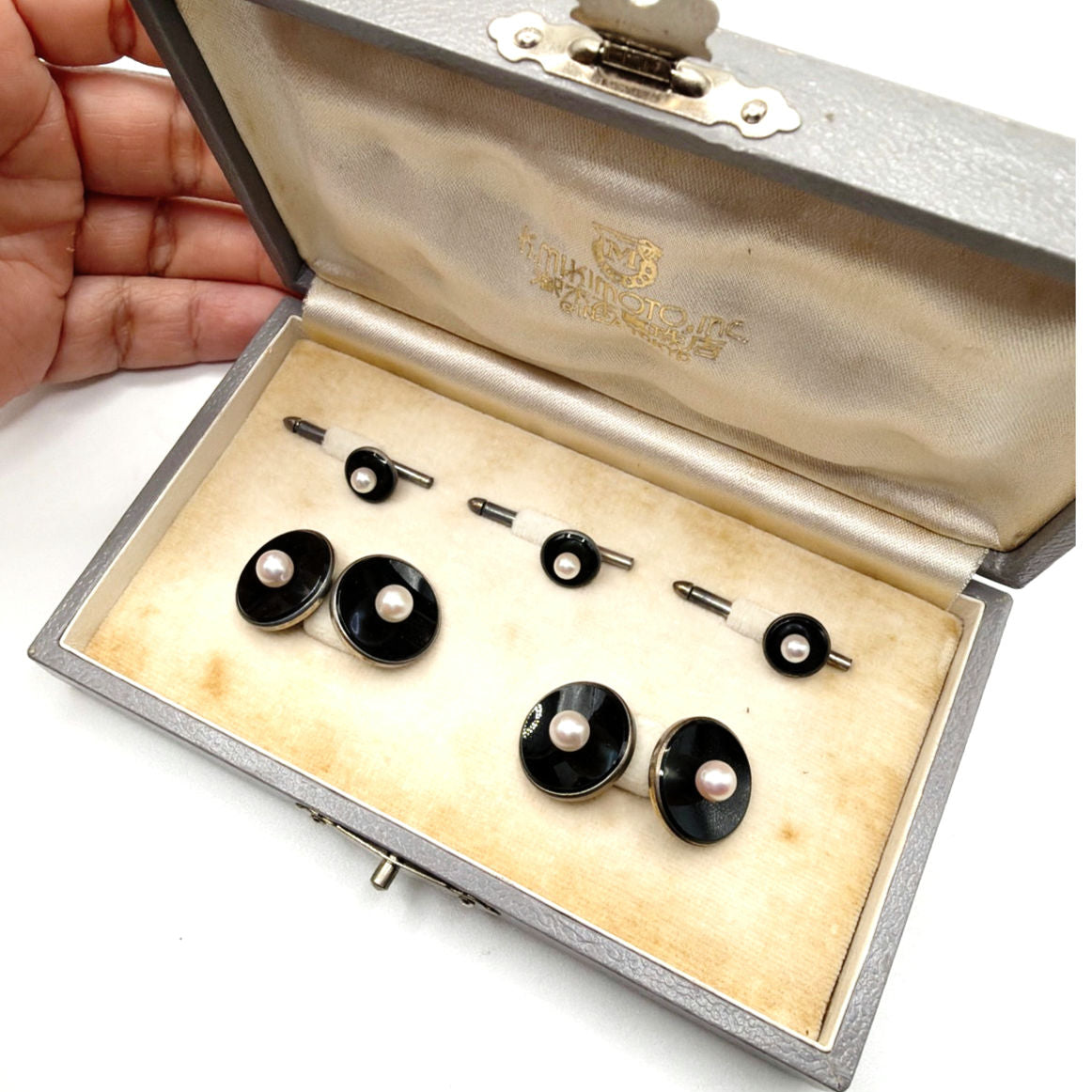 Mikimoto Vintage Sterling Silver Cufflinks & Shirt Stud Set Onyx Pearl Art Deco