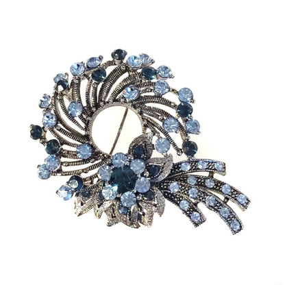 Blue Glass Rhinestones Vintage Floral Brooch