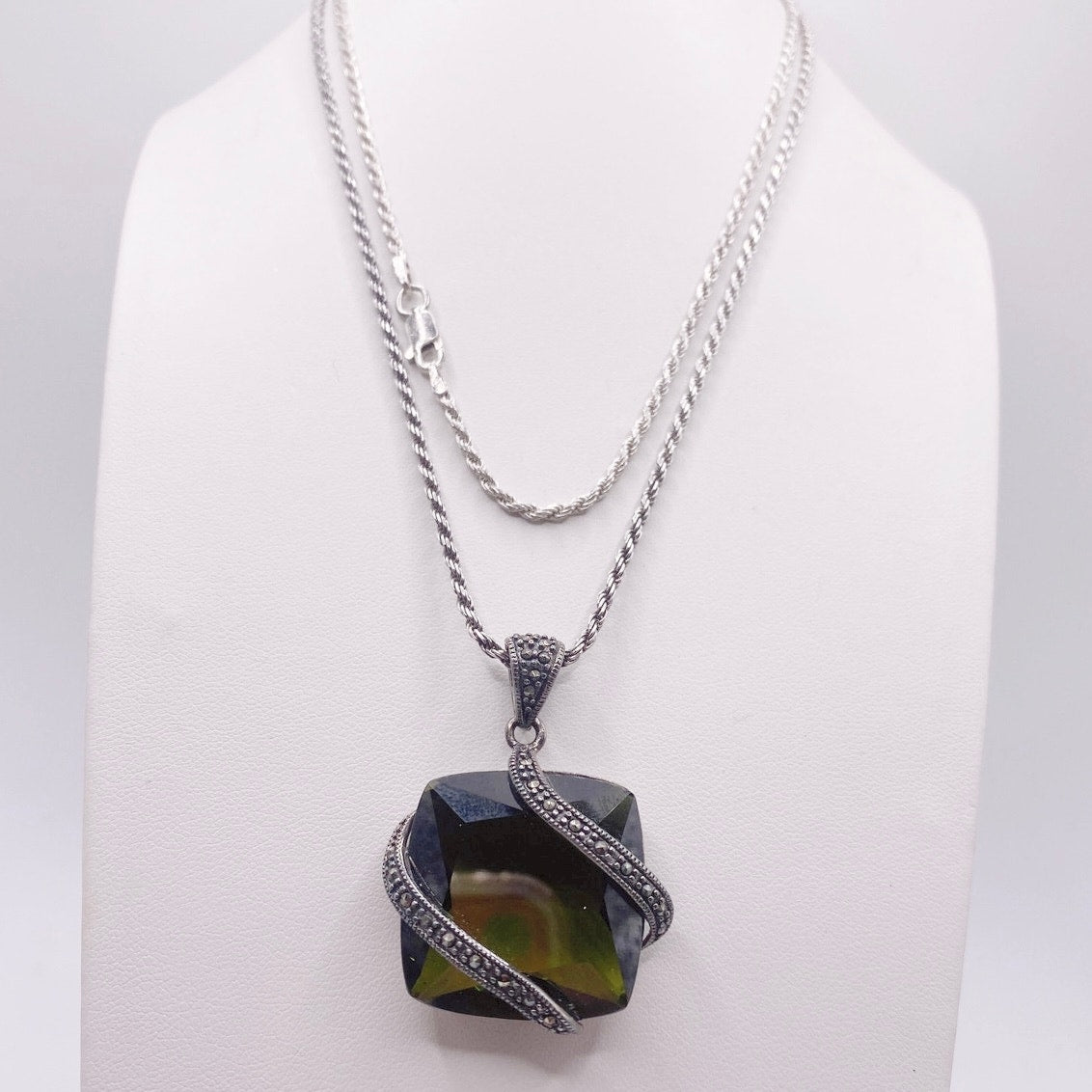 Sterling Silver Long Necklace 28” Simulated Green Tourmaline Stone and Marcasites