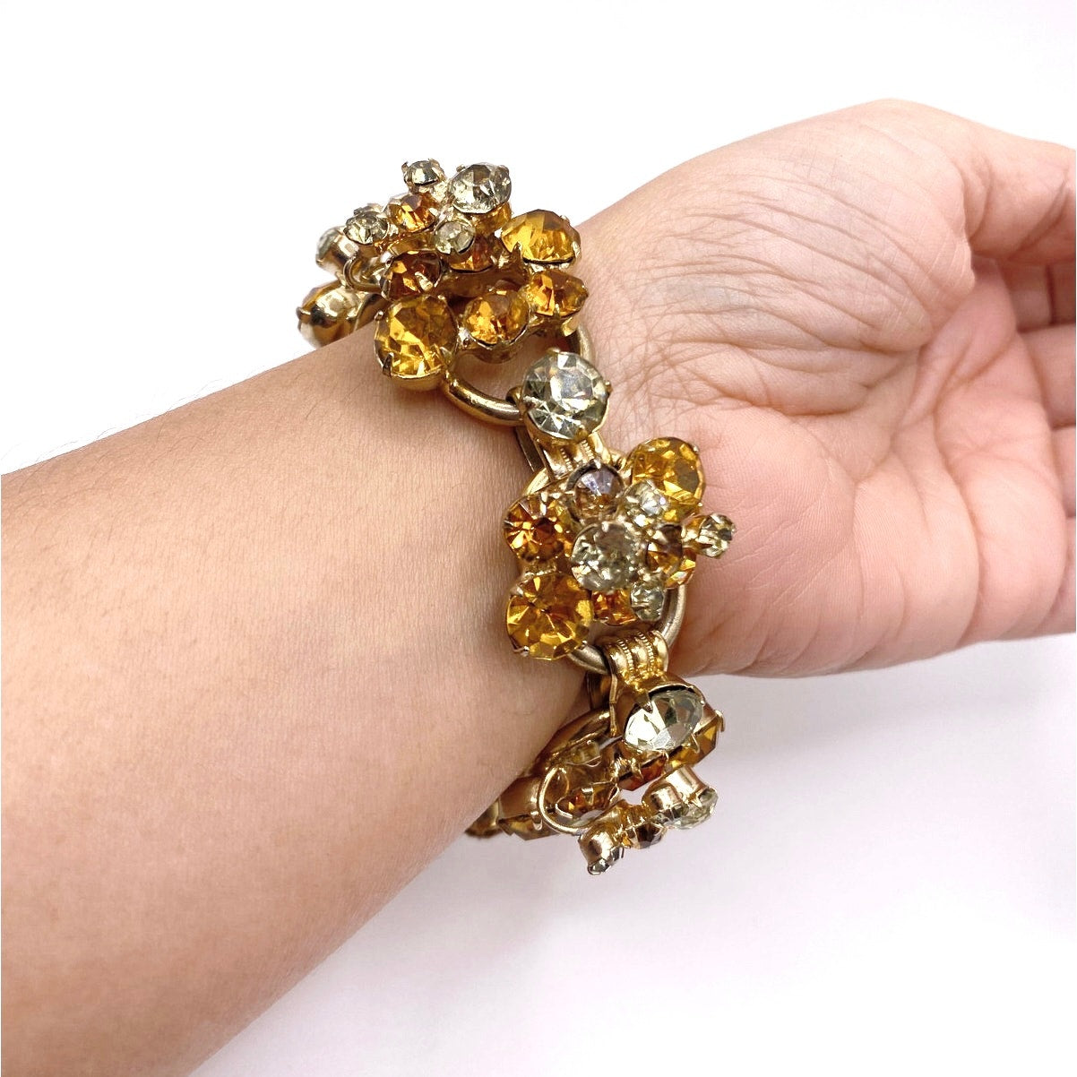 Juliana Vintage MidCentury Bracelet Beautiful Orange and Green Tone Rhinestones