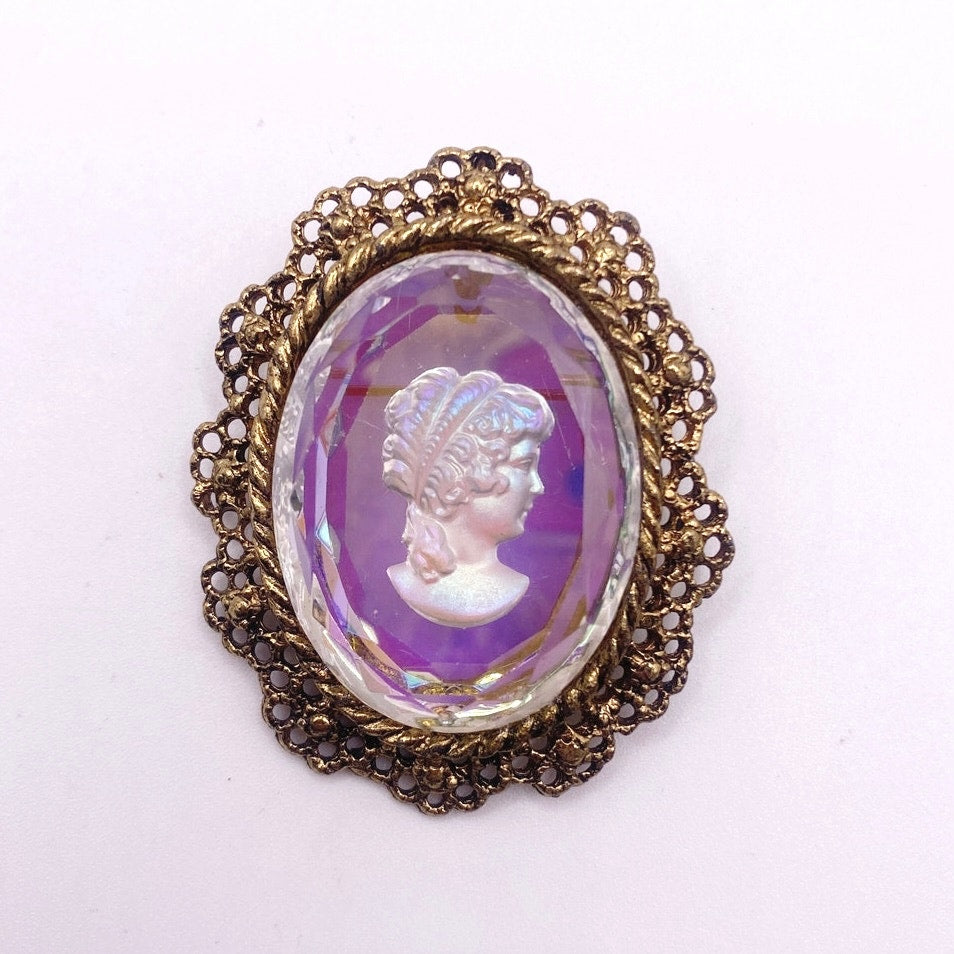 Vintage Brooch and Pendant Intaglio Glass Cameo Gold Tone Filigree Chrome 2”