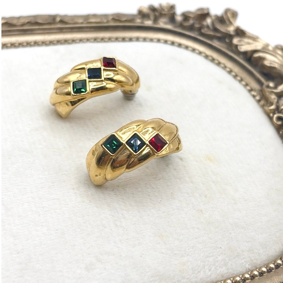 Gold Tone Retro Half Hoop Earrings and Colorful Rhinestones