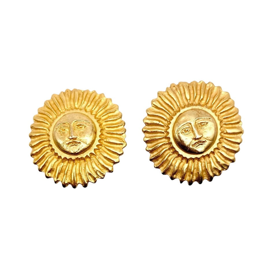 Vintage Clip On Earrings Sun Face 80s Style Gold Brushed Tone