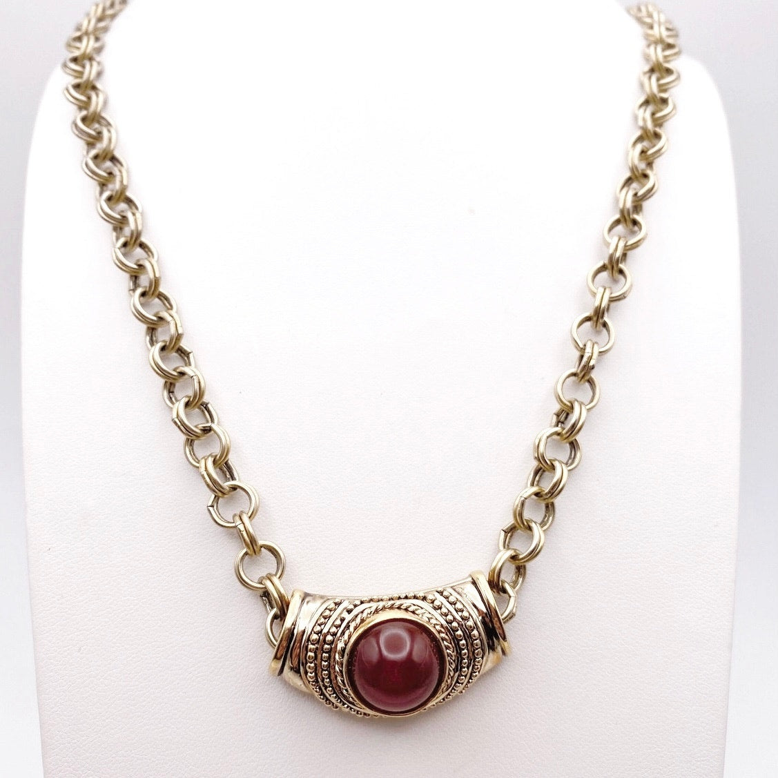 Roman Signed Vintage Pendant With Carnelian Stone and Long Gold Tone Necklace