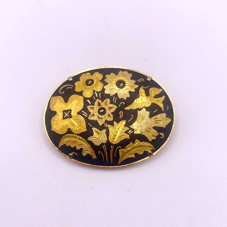 Vintage Damascene Brooch featuring Floral Motifs