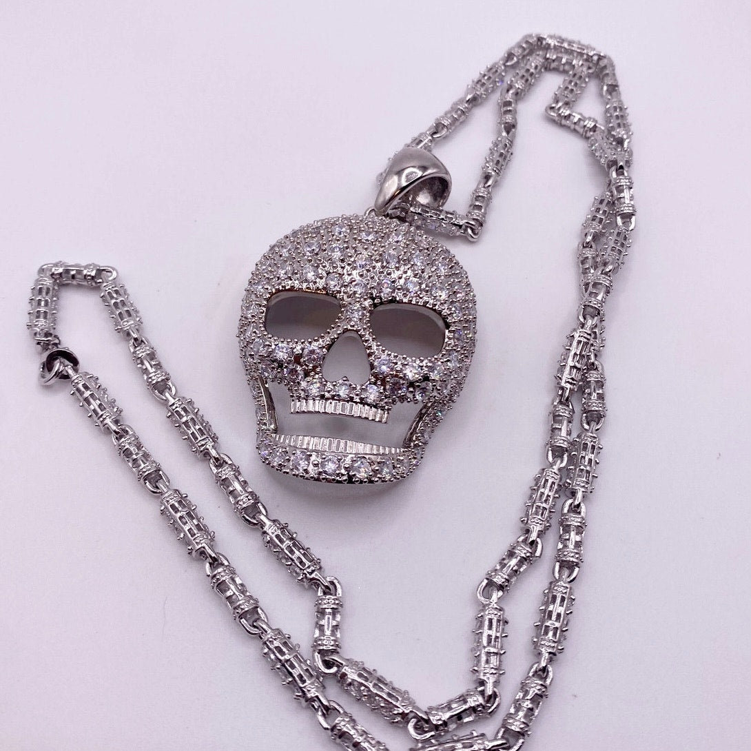 Sterling Silver Full Cubic Zirconia Skull Face Pendant and Necklace 28" long