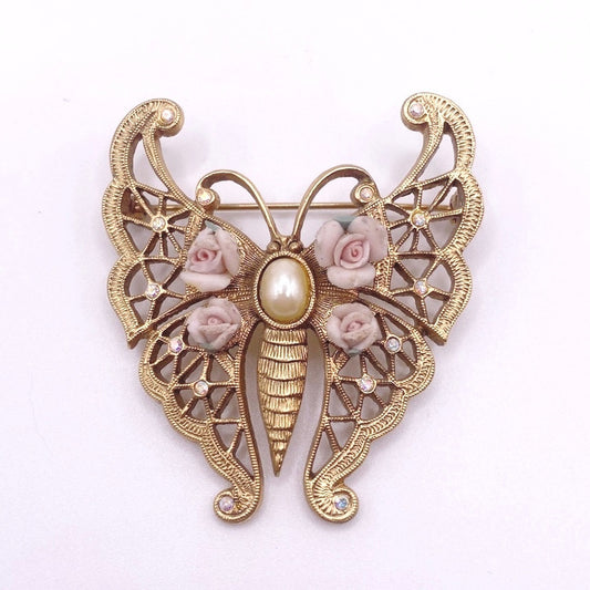 Vintage Gold Tone Butterfly with Ceramic Flowers